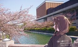  ahoge black_hair black_sweater blue_eyes blue_sky braid building cherry_blossoms cloud commentary dated day from_behind hair_flaps hair_over_shoulder kantai_collection kyoto outdoors photo_background railing real_world_location ribbed_sweater river satsumi shigure_(kancolle) shigure_kai_ni_(kancolle) single_braid sky sweater translated tree upper_body 