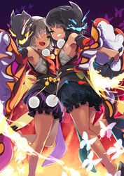  2girls armpits asymmetrical_bangs axe ayaha_(dragalia_lost) bad_id bad_pixiv_id bare_shoulders bug butterfly dragalia_lost fire green_eyes hair_over_one_eye holding holding_axe japanese_clothes leg_up looking_at_viewer mask mask_on_head multiple_girls oerba_yun_fang otoha_(dragalia_lost) short_hair skin_fang smile teeth yuu_(kfc) 