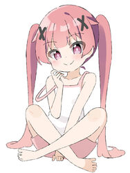  bare_arms bare_shoulders barefoot blush camisole closed_mouth collarbone commentary_request female hair_ornament head_tilt highres kapuru_0410 looking_at_viewer pink_hair pink_shorts purple_eyes short_shorts shorts simple_background smile solo strap_slip tanemura_koyori twintails watashi_ni_tenshi_ga_maiorita! white_background white_camisole x_hair_ornament 