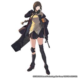  assault_rifle boots commentary duoyuanjun english_commentary eyepatch female full_body girls&#039;_frontline gloves gun holding holding_gun holding_weapon knee_brace knee_pads m16 m16a1 m16a1_(girls&#039;_frontline) mole mole_under_eye necktie official_art particle_cannon_case rifle scar scar_across_eye scar_on_face skirt solo weapon weapon_case 