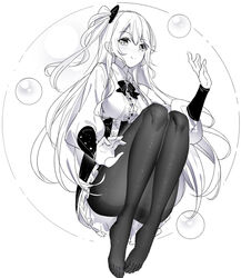  blush bow breasts center_frills collared_shirt emily_stock female frilled_skirt frills full_body greyscale hair_between_eyes hairbow hand_up knees_up legs long_hair long_sleeves medium_breasts monochrome no_shoes nose_blush one_side_up original pantyhose puffy_long_sleeves puffy_sleeves ririko_(zhuoyandesailaer) shirt simple_background skirt smile solo thighband_pantyhose very_long_hair white_background 