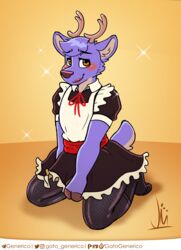  anthro blush clothed clothing deer dress femboy gatogenerico hi_res hoof_hands kneeling legwear looking_at_viewer maid_uniform makeup male mammal shy sitting solo stockings uniform 