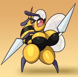  2022 animal_humanoid antennae_(anatomy) arthropod arthropod_humanoid ass bee_humanoid beedrill big_breasts big_butt breasts cleavage clothed clothing digital_drawing_(artwork) digital_media_(artwork) female frostlocke generation_1_pokemon hi_res humanoid hymenopteran hymenopteran_humanoid insect_humanoid insect_wings insects mouthless nintendo pokemon pokemon_(species) red_eyes shadow simple_background solo standing stinger stinger_(anatomy) tan_background wings yellow_body yellow_skin 