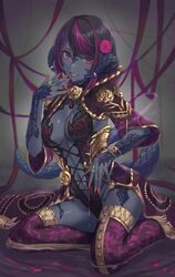  absurdres au_ra black_hair breasts cleavage colored_skin curled_horns enporion female final_fantasy final_fantasy_xiv fingernails flower gold grey_skin grin hair_flower hair_ornament highres horns jewelry looking_at_viewer multicolored_hair original purple_hair red_eyes ring scales sharp_fingernails sharp_teeth sitting smile solo streaked_hair tail teeth thighhighs warrior_of_light_(ff14) 