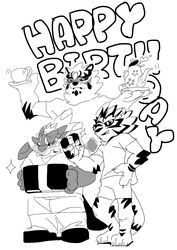  anthro birthday_gift bow_ribbon box canid canine container dragon felid fur gift_box group hi_res horn lifewonders live_a_hero male mammal monochrome mythological_creature mythological_scalie mythology pantherine present_box samoi_chan scalie short_stack striped_body striped_fur stripes tail tiger trio 