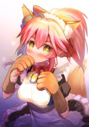  absurdres alternate_costume animal_ear_fluff animal_ears animal_hands bell blush breasts cat_paws collar commentary_request embarrassed enmaided fate/grand_order fate_(series) female fox_ears fox_girl fox_tail gloves hair_ribbon highres izumi_asayo jingle_bell large_breasts long_hair looking_at_viewer maid neck_bell paw_gloves pink_hair ponytail red_ribbon ribbon solo tail tamamo_(fate) tamamo_cat_(fate) tamamo_cat_(second_ascension)_(fate) wavy_mouth yellow_eyes 