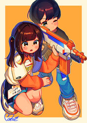  1boy absurdres aiming black_hair blue_eyes blush_stickers border brown_eyes brown_hair character_request denim female gun headset highres holding holding_gun holding_weapon id_card jeans lolicon long_sleeves medium_hair moai_(more_e_4km) mole mole_under_eye nerf_gun on_one_knee one_eye_closed orange_background original outside_border pants pleated_skirt product_girl rifle shirt shoes skirt sneakers t-shirt toy_gun translation_request twintails weapon white_border 