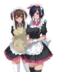  2girls absurdres akiba_maid_sensou animal_ears apron arms_behind_back black_dress black_hair black_thighhighs blue_eyes bow bowtie breasts brown_eyes brown_hair commentary_request cowboy_shot dress fake_animal_ears frilled_apron frills highres large_breasts long_hair looking_at_viewer maid maid_headdress mannen_ranko multiple_girls own_hands_together paradox_(parapa) pig_ears pink_bow pink_bowtie puffy_short_sleeves puffy_sleeves short_dress short_hair short_sleeves simple_background smile standing thighhighs thighs two_side_up wahira_nagomi waist_apron white_apron white_background white_thighhighs wrist_cuffs zettai_ryouiki 