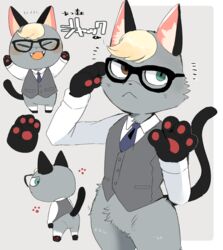  2020 animal_crossing anthro blonde_hair bottomless chibi clothed clothing digital_media_(artwork) domestic_cat eyewear featureless_crotch felid feline felis fur glasses grey_body grey_fur hair heterochromia hyaku_(artist) japanese_text male mammal nintendo pawpads raymond_(animal_crossing) solo text topwear translation_request vest 