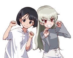  2girls alternate_hairstyle anchovy_(girls_und_panzer) blunt_bangs blunt_ends bob_cut claw_pose coco&#039;s commentary derivative_work drawstring girls_und_panzer green_hair grey_shirt grin hair_down hair_ornament hairclip hood hood_down hoodie izawa_shiori kayabakoro leaning_to_the_side long_hair long_sleeves looking_at_viewer multiple_girls nail_polish paw_pose red_eyes red_nails shirt short_sleeves side-by-side simple_background skirt smile sono_midoriko standing white_background white_skirt yoshioka_maya 