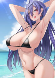  alternate_breast_size armpits arms_behind_head bare_arms bikini black_bikini blue_hair blush breasts cleavage dura earrings female halterneck highres huge_breasts iris_heart jewelry kami_jigen_game_neptune_v long_hair looking_at_viewer micro_bikini navel neptune_(series) power_symbol power_symbol-shaped_pupils red_eyes solo swimsuit symbol-shaped_pupils very_long_hair wet 