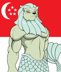  anthro commander droll3 fin flag flag_background half_naked hi_res hybrid looking_at_viewer male mane merlion muscular muscular_anthro muscular_male singapore singaporean_flag solo 