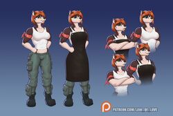  anthro apron badger bartender boots breasts clothed clothing digital_media_(artwork) female footwear green_eyes hands_on_hips law_of_love mammal mira_(law_of_love) muscular muscular_anthro muscular_female mustelid musteline patreon patreon_logo reaper3d shaded smile solo text url 