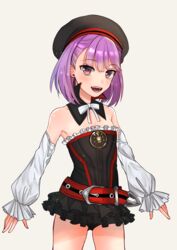  :d absurdres black_hat black_panties black_skirt blush cowboy_shot detached_collar detached_sleeves fate/grand_order fate_(series) female flat_chest grey_background hat helena_blavatsky_(fate) highres layered_skirt long_sleeves looking_at_viewer microskirt neck_ribbon open_mouth panties pleated_skirt purple_hair red_eyes ribbon short_hair simple_background skirt smile solo standing strapless underwear white_ribbon white_sleeves yamabuki0211 