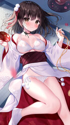  alcohol bare_legs bare_shoulders bikini black_choker blush breasts brown_eyes brown_hair choker closed_mouth collarbone cup duplicate female futaba_miwa hair_ribbon holding holding_cup japanese_clothes kimono long_sleeves looking_at_viewer lying medium_breasts obi off_shoulder on_back on_floor open_clothes open_kimono original pixel-perfect_duplicate pom_pom_(clothes) red_ribbon ribbon sakazuki sake sash short_hair side-tie_bikini_bottom signature smile socks solo swimsuit tabi tassel tatami underboob white_bikini white_kimono white_ribbon white_socks wide_sleeves 