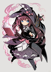  animal_hood argyle black_dress black_footwear black_ribbon blue_eyes book boots brown_hair commentary dress female floating floating_book floating_object francesca_(pride_of_eden) full_body grey_background high_contrast hood keijou_(cave) long_sleeves looking_at_viewer magic neck_ribbon open_book oversized_clothes red:_pride_of_eden ribbon simple_background sleeve_cuffs smoke solo sparkle thigh_boots thighhighs 