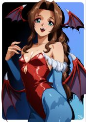  aerith_gainsborough animal_print arm_behind_back bare_shoulders bat_print blue_background blue_pantyhose blue_sky border braid braided_ponytail breasts brown_hair cleavage cosplay cowboy_shot demon_girl demon_wings fangs feather_trim female final_fantasy final_fantasy_vii fingernails gravydood green_eyes head_wings highleg highleg_leotard highres leotard lilith_(darkstalkers) lilith_(darkstalkers)_(cosplay) long_fingernails long_hair looking_at_viewer medium_breasts nail_polish open_mouth pantyhose parted_bangs print_pantyhose red_leotard red_nails sidelocks single_braid sky smile solo strapless strapless_leotard wavy_hair white_border wings 
