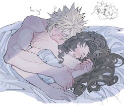  1boy aerith_gainsborough bed_sheet blonde_hair brown_hair chibi chibi_inset closed_eyes cloud_strife couple cuddling curly_hair female final_fantasy final_fantasy_vii hair_between_eyes highres hug hug_from_behind long_hair mmmckayyy parted_bangs short_hair sidelocks spiked_hair straight toned toned_male topless_male under_covers upper_body white_background 