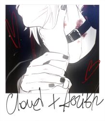  1boy aerith_gainsborough animal_collar black_background black_choker black_nails black_shirt bruise bruise_on_neck character_name choker cloud_strife collar female final_fantasy final_fantasy_vii hand_on_another&#039;s_neck hickey highres holding_another&#039;s_wrist injury monochrome nail_polish polaroid_photo sageixx shirt short_hair straight 
