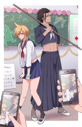  2boys abs aerith_gainsborough aerith_gainsborough_(cosplay) aerith_gainsborough_(midgard_seventh_high_school) black_sailor_collar black_serafuku black_shirt black_skirt black_socks blue_eyes blue_sailor_collar blue_skirt blush border braid cait_sith_(final_fantasy) chalkboard classroom cloud_strife cosplay crop_top crossdressing crossdressing_(mtf) delinquent drawing_(object) embarrassed final_fantasy final_fantasy_vii final_fantasy_vii_ever_crisis full_body furrowed_brow grin hair_between_eyes hair_ornament hair_slicked_back hand_on_own_hip highres holding holding_phone holding_staff knees_together_feet_apart long_hair long_skirt male_focus medium_hair midriff miniskirt multiple_boys neckerchief one_eye_closed over_shoulder phone pleated_skirt red_neckerchief sabotender sailor_collar school_uniform scrunchie sd0_ino serafuku shirt shoes skirt smile socks spiked_hair staff sukeban sweat taking_picture tan teeth tifa_lockhart tifa_lockhart_(cosplay) tifa_lockhart_(midgard_seventh_high_school) twin_braids twitter_username weapon weapon_over_shoulder white_border white_neckerchief white_shirt white_shoes wrist_scrunchie x_hair_ornament zack_fair 