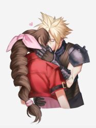  1boy absurdres aerith_gainsborough arm_around_waist armor armored_gloves bandaged_arm bandages belt blonde_hair braid braided_ponytail brown_belt brown_hair closed_eyes cloud_strife couple cropped_jacket cropped_torso dress female final_fantasy final_fantasy_vii final_fantasy_vii_remake grey_background hair_between_eyes hair_ribbon hand_in_another&#039;s_hair highres jacket kissing liunennim long_hair parted_bangs pauldrons pink_dress pink_ribbon red_jacket ribbon sharp_teeth short_hair short_sleeves shoulder_armor single_braid single_pauldron sleeveless sleeveless_turtleneck straight suspenders teeth turtleneck upper_body 
