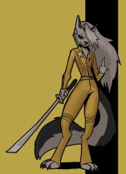  action_pose anthro canid canid_demon canine canis clothing demon doublezrtap female gesture hand_gesture hellaverse hellhound helluva_boss jumpsuit katana kill_bill loona_(helluva_boss) mammal melee_weapon middle_finger movie_poster movie_reference mythological_canine mythological_creature mythology pose smile solo sword weapon wolf 