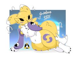  3_fingers ambiguous_gender anthro arm_tuft avian bandai_namco bellly bird black_claws black_nose black_sclera blue_eyes bodily_fluids breasts chest_tuft claws clothed clothed/nude clothing colored countershade_torso countershading digimon digimon_(species) duo eyebrows eyelashes female fingers fluffy fur fur_markings guzzlord420 hand_on_mouth hi_res long_ears long_tail looking_at_viewer looking_up lying markings microsoft microsoft_windows motion_lines neck_tuft nude penguin purple_body purple_clothing purple_fur renamon shaded shocked shoulder_tuft shy simple_background sweat sweatdrop tail thick_thighs tomoe_(symbol) tuft white_body white_countershading white_fur windows_11 yellow_body yellow_fur yin_yang 