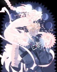  1boy aerith_gainsborough armor barefoot black_border black_gloves black_vest blonde_hair blue_eyes border braid braided_ponytail breasts chest_strap closed_eyes cloud_strife dress female fenrir_(final_fantasy) final_fantasy final_fantasy_vii final_fantasy_vii_advent_children full_body gloves glowing_hands grey_background hair_between_eyes hair_ribbon hand_on_another&#039;s_shoulder highres jaysoysaucee long_dress long_hair medium_breasts moon_phases parted_bangs pauldrons pink_ribbon ribbon short_hair shoulder_armor sidelocks single_bare_shoulder single_braid single_pauldron sleeveless sleeveless_dress sparkle spiked_hair spirit straight tears upper_body vest 