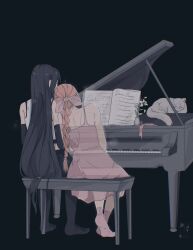  2girls absurdres aerith_gainsborough artist_name bare_shoulders black_background black_bra black_gloves black_hair black_skirt black_thighhighs bra braid braided_ponytail brown_hair crop_top crossed_ankles dress elbow_gloves facing_away falling_petals feline final_fantasy final_fantasy_vii final_fantasy_vii_rebirth final_fantasy_vii_remake flower from_behind full_body gloves hair_ribbon hair_tie highres instrument leaning_on_person lily_(flower) long_dress long_hair low-tied_long_hair maru_(ff7) miniskirt multiple_girls music no_shoes petals piano pink_dress pink_ribbon pink_socks playing_instrument playing_piano ribbon shanlieart sheet_music shirt single_braid sitting skirt sleeveless sleeveless_dress sleeveless_shirt socks sports_bra thighhighs tifa_lockhart underwear white_flower white_petals white_shirt yuri 