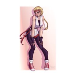  1girls art_of_fighting blonde_hair braid breasts female female_only genderswap headband king_of_fighters leaning_forward mascara rule_63 ryo_sakazaki snk solo yuri_sakazaki_(cosplay) 