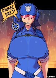  baseball_cap belt blue_hair blue_hat blue_shirt breasts collared_shirt decepticon english_text expressionless facing_viewer female genderswap_(mtf) hat headphones headset highres huge_breasts humanization insignia lower_teeth_only loyal_cloud open_mouth orange_sky red-tinted_eyewear rule_63 shirt short_hair shoulder_cannon sky sleeves_rolled_up solo soundwave_(transformers) speech_bubble sunglasses teeth tinted_eyewear transformers triangular_eyewear upper_body walkie-talkie white_belt 