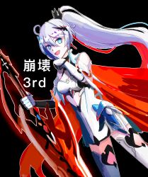  ahoge aoyoru_(bazaaku) bare_shoulders black_background blue_eyes cape cross cross_earrings earrings hair_between_eyes hair_ornament highres holding holding_sword holding_weapon honkai_(series) honkai_impact_3rd jewelry kiana_kaslana kiana_kaslana_(herrscher_of_flamescion) long_hair open_mouth ponytail simple_background smile sword weapon white_hair 