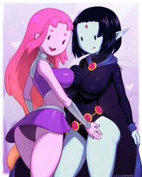  2girls absurdres adventure_time ass asymmetrical_docking black_hair blue_cape breast_press cape colored_skin company_connection cosplay dc_comics forehead_jewel grey_skin highres hood hooded_cape leotard licking_lips marceline_abadeer miniskirt multiple_girls paid_reward_available panties pink_skin pointy_ears princess_bonnibel_bubblegum purple_panties raven_(dc) raven_(dc)_(cosplay) satelyte skirt smile starfire starfire_(cosplay) teen_titans teeth thighs tongue tongue_out underwear upper_teeth_only vampire voice_actor_connection 