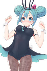  animal_ears aqua_eyes aqua_hair bare_shoulders bicute_bunnies_miku bicute_bunnies_miku_(kuroboshi) black_leotard braid breasts bun_with_braided_base detached_collar double_bun fake_animal_ears female fishnet_pantyhose fishnet_thighhighs fishnets hair_bun hatsune_miku highres leotard necktie pantyhose playboy_bunny rabbit_ears rabbit_tail seseragi solo tail thighhighs vocaloid wrist_cuffs 