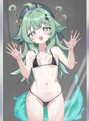  absurdres against_glass ahoge animal_ears bare_shoulders bikini black_bikini blush breast_press breasts breasts_on_glass chin_chin_(pixiv_96781624) female fiery_tail fox_ears fox_tail green_eyes green_hair grey_hat hat highres honkai:_star_rail honkai_(series) huohuo_(honkai:_star_rail) licking long_hair looking_at_viewer navel open_mouth small_breasts solo swimsuit tail thighs tongue tongue_out 