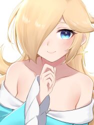  bare_shoulders blonde_hair blue_dress blue_eyes closed_mouth dress earrings female hair_over_one_eye highres jewelry long_hair long_sleeves looking_at_viewer mario_(series) off-shoulder_dress off_shoulder rosalina smile solo star_(symbol) star_earrings tomatomiya upper_body white_background 