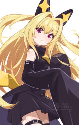  32zzz animal_ears artist_logo artist_name black_dress black_sleeves blonde_hair detached_sleeves dress fake_animal_ears female from_side hair_intakes highres konjiki_no_yami logo long_hair purple_eyes sleeves_past_fingers sleeves_past_wrists to_love-ru to_love-ru_darkness venalita very_long_hair watermark 