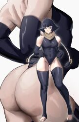  absurdres ass back bare_shoulders black_hair bleach feet female gloves highres simple_background solo standing sui-feng thighs toes zukululuu 