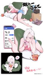  absurdres aibo_(gorgeous_mushroom) ass blue_eyes breasts cellphone cleavage closed_mouth crying earrings female freckles gorgeous_mushroom highres holding holding_phone huge_breasts indoors instant_ramen jewelry large_breasts long_hair looking_at_object looking_at_phone navel original phone piercing sitting smartphone solo streaming_tears tank_top tears white_hair 