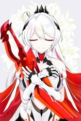  artist_request bare_shoulders cape closed_eyes cross cross_earrings earrings female flower flower_request hair_ornament holding holding_weapon honkai_(series) honkai_impact_3rd hug hugging_object jewelry kiana_kaslana kiana_kaslana_(herrscher_of_flamescion) long_hair multicolored_hair streaked_hair weapon white_flower white_hair 