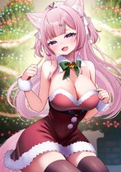  :3 animal_ear_fluff animal_ears antenna_hair bare_shoulders belt black_belt black_thighhighs blush bow bowtie breasts christmas christmas_tree cleavage commentary_request covered_navel dress female fur_dress green_bow green_bowtie hair_ornament hair_ribbon hairclip hakui_koyori heart heart_o-ring hololive huge_breasts long_hair looking_at_viewer nail_polish nemunekoriru o-ring o-ring_belt oerba_yun_fang open_mouth pink_hair pink_nails purple_eyes red_dress ribbon smile solo tail thighhighs thighs virtual_youtuber white_ribbon wolf_ears wolf_girl wolf_tail 