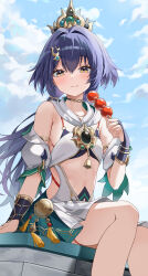  absurdres black_bra black_choker blue_hair blush bra breasts bridal_gauntlets brown_eyes choker clothing_cutout cloud day detached_sleeves eating female from_below green_skirt headpiece highres holding holding_skewer honkai:_star_rail honkai_(series) long_hair low_twintails muru_(muru_zi) sitting skewer skirt small_breasts solo stomach tanghulu twintails underwear yunli_(honkai:_star_rail) 