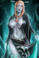  artist_name black_skirt breasts clothes_lift colored_sclera colored_skin female grey_skin hair_ornament highres jewelry large_breasts lifting_own_clothes long_hair looking_at_viewer midna midna_(true) mole mole_on_breast navel orange_hair parted_lips pointy_ears purple_lips skirt skirt_lift solo standing the_legend_of_zelda wtparadise yellow_sclera 