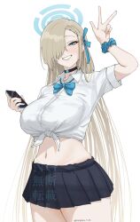  arm_up asuna_(blue_archive) black_choker blue_archive blue_bow blue_bowtie blue_eyes blue_scrunchie bow bowtie breasts cellphone choker collared_shirt commentary dress_shirt female hair_over_one_eye halo highres holding holding_phone large_breasts light_brown_hair long_hair looking_at_viewer miniskirt nagomu_7_56 phone school_uniform scrunchie shirt simple_background skirt smartphone solo tied_shirt twitter_username very_long_hair w white_background white_shirt wrist_scrunchie 