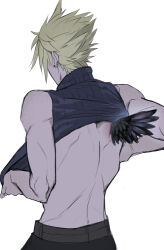  1boy belt black_belt black_pants black_sweater black_wings blonde_hair clothes_lift cloud_strife earrings facing_away feathered_wings final_fantasy final_fantasy_vii jewelry jjn_ff7 male_focus mini_wings multiple_belts pants shirt_lift short_hair simple_background single_wing sleeveless sleeveless_sweater sleeveless_turtleneck solo spiked_hair stud_earrings sweater toned toned_male turtleneck turtleneck_sweater upper_body white_background wings 