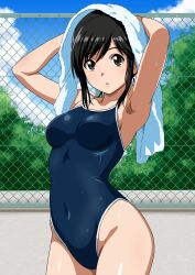  absurdres arms_behind_head black_eyes black_hair blue_one-piece_swimsuit blue_sky breasts bush chain-link_fence cloud commentary_request competition_school_swimsuit covered_navel cowboy_shot day female fence highleg highleg_one-piece_swimsuit highres looking_at_viewer love_plus medium_breasts one-piece_swimsuit outdoors school_swimsuit short_hair sidelocks sky solo swimsuit takane_manaka towel towel_on_head yuuyuu_(3jjbn) 