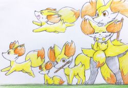  2023 ambiguous_gender anthro blush blush_lines braixen canid canine closed_eyes eiroru fennekin feral fur generation_6_pokemon graphite_(artwork) grey_body grey_fur group happy hi_res holding_another inner_ear_fluff looking_at_viewer mammal nintendo open_mouth orange_body orange_eyes orange_fur paws pokemon pokemon_(species) stick tail tongue traditional_media_(artwork) tuft white_body white_fur yellow_body yellow_fur 