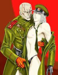  2boys black_gloves clothed_male_nude_male femboy hat ivan_raidenovitch_raikov metal_gear_solid_3 raikov red_background red_gloves thong tie volgin yevgeny_borisovitch_volgin 