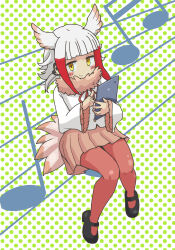  absurdres bird_girl bird_tail bird_wings black_footwear blunt_bangs blush bow bowtie earbuds earphones female frilled_sleeves frills fur_collar hane_(kirschbaum) head_wings highres japanese_crested_ibis_(kemono_friends) japari_symbol kemono_friends long_sleeves looking_at_viewer mary_janes multicolored_hair musical_note pantyhose pink_fur pleated_skirt polka_dot polka_dot_background red_bow red_bowtie red_hair red_pantyhose red_skirt shoes short_hair sidelocks skirt smile solo tablet_pc tail white_hair white_sleeves wings yellow_eyes 