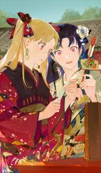  2girls arrow_(projectile) black_hair blonde_hair blue_sky craft_essence_(fate) earrings ereshkigal_(fate) fate/grand_order fate_(series) floral_print floral_print_kimono flower grey_kimono hair_flower hair_ornament hair_ribbon hamaya holding holding_arrow infinity_symbol ishtar_(fate) japanese_clothes jewelry kimono long_hair multiple_girls official_alternate_costume official_art open_mouth outdoors red_eyes red_kimono red_ribbon ribbon sky smile tile_roof tree ukumo_uichi 